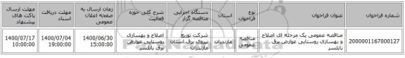 مناقصه عمومی یک مرحله ای اصلاح و بهسازی روستایی عوارض برق 	بابلسر