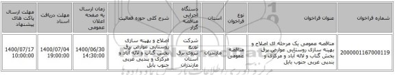 مناقصه عمومی یک مرحله ای اصلاح و بهینه سازی روستایی عوارض برق بخش گتاب و لاله آباد و مرکزی و بندپی غربی	جنوب بابل