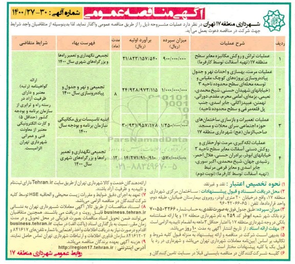 مناقصه،مناقصه عملیات تراش و روکش مکانیزه معابر سطح منطقه....