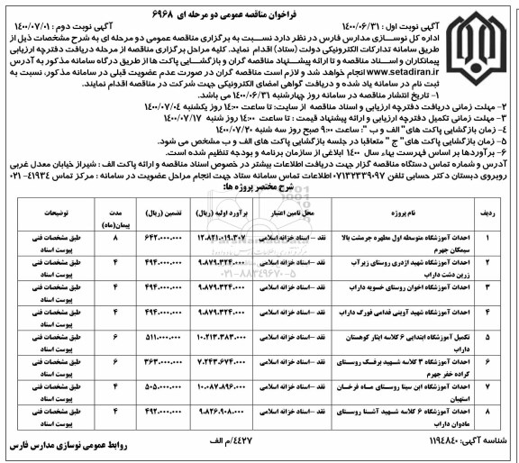 فراخوان مناقصه احداث آموزشگاه متوسطه ...