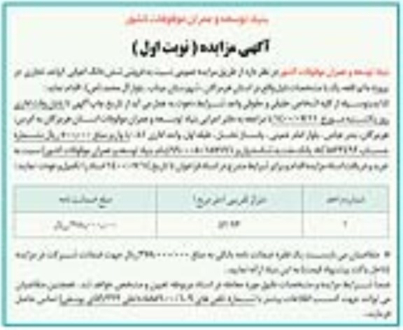 مزایده مزایده فروش ششدانگ اعیانی تجاری نوبت اول