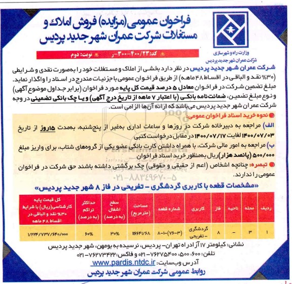 مزایده مزایده فروش املاک و مستغلات کاربری گردشگری نوبت دوم 