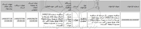 مناقصه عمومی یک مرحله ای مناقصه شماره 1400/116 اجرای پروژه های توسعه و احداث و بهینه سازی شبکه های توزیع بصورت کلید درد دست در محدوده  منطقه 'گلستان