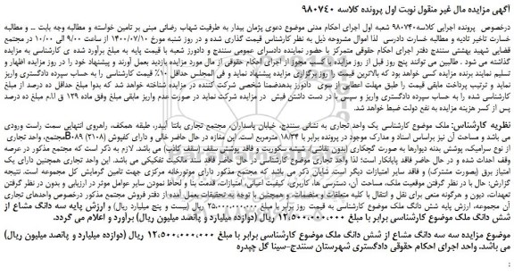 مزایده،مزایده فروش یک واحد تجاری