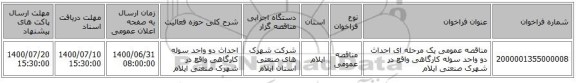 مناقصه عمومی یک مرحله ای احداث دو واحد سوله کارگاهی واقع در شهرک صنعتی ایلام