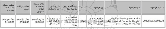 مناقصه عمومی همزمان با ارزیابی (فشرده) یک مرحله ای خرید و حمل و بارگیری الکترو پمپ شناور 