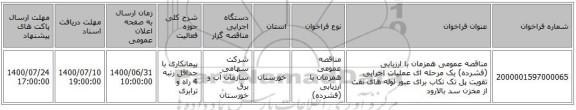 مناقصه عمومی همزمان با ارزیابی (فشرده) یک مرحله ای عملیات اجرایی تقویت پل تک تکاب برای عبور لوله های نفت از مخزن سد بالارود