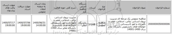 مناقصه عمومی یک مرحله ای مدیریت نیروی انسانی، مالی، خدماتی، تعمیر و نگهداری و امور تأسیساتی خوابگاه¬های دانشجویی دانشگاه  ملایر سال 1400-14001
