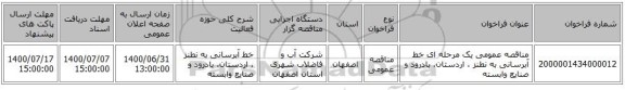 مناقصه عمومی یک مرحله ای خط آبرسانی به نطنز ، اردستان، بادرود و صنایع وابسته