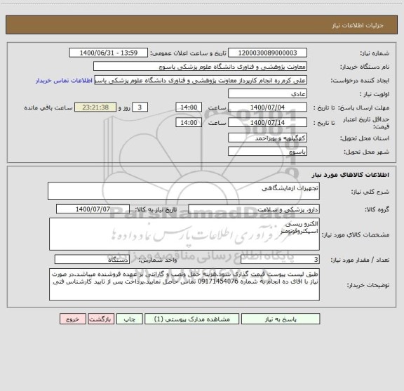 استعلام تجهیزات ازمایشگاهی