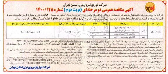 مناقصه،مناقصه خرید انواع بالاست (ترانس) بخار جیوه و سدیم و ایگنیتور سه سیمه 400 وات - نوبت دوم 