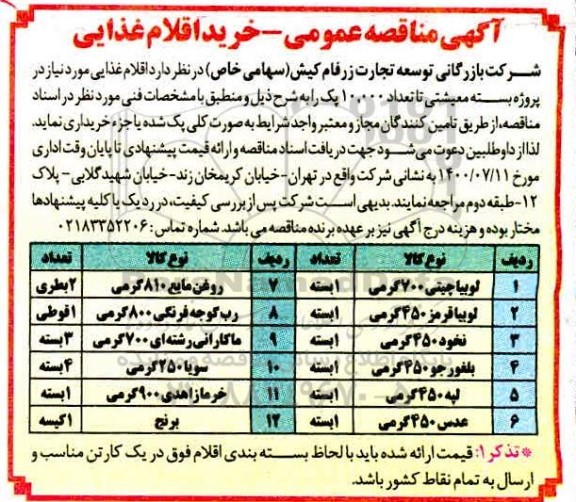 مناقصه خرید اقلام غذایی