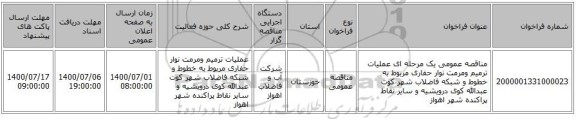 مناقصه عمومی یک مرحله ای عملیات ترمیم ومرمت نوار حفاری مربوط به خطوط و شبکه فاضلاب شهر کوت عبدالله کوی درویشیه و سایر نقاط پراکنده شهر اهواز