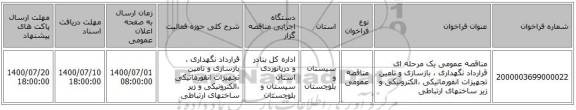 مناقصه عمومی یک مرحله ای قرارداد نگهداری ، بازسازی و تامین تجهیزات انفورماتیکی ،الکترونیکی و زیر ساختهای ارتباطی