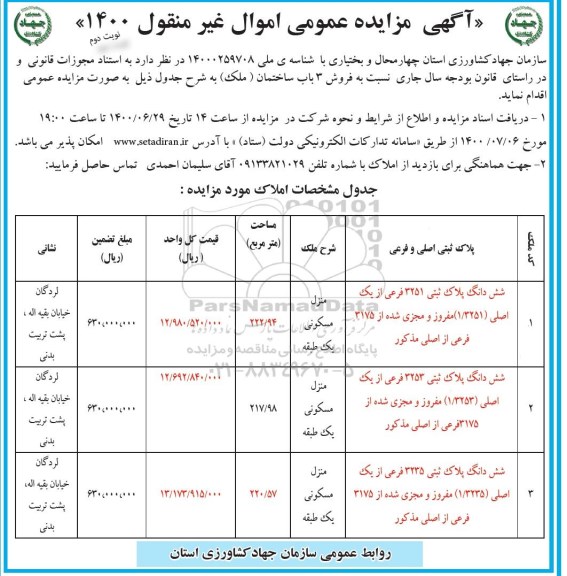 مزایده مزایده فروش 3 باب ساختمان نوبت دوم 