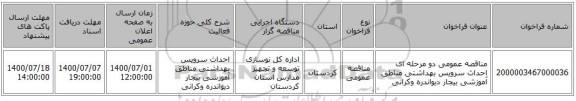 مناقصه عمومی دو مرحله ای احداث سرویس بهداشتی مناطق آموزشی بیجار دیواندره وکرانی