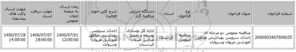 مناقصه عمومی دو مرحله ای احداث سرویس بهداشتی مناطق آموزشی مریوان وسروآباد