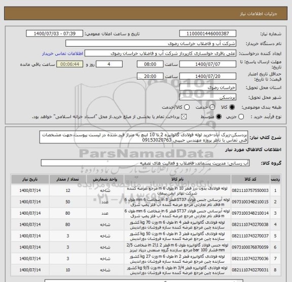 استعلام بردسکن-زیرک آباد-خرید لوله فولادی گالوانیزه 2 تا 10 اینچ به متراژ قید شده در لیست پیوست،جهت مشخصات فنی تماس با ناظر پروژه مهندس حبیبی 09153020763