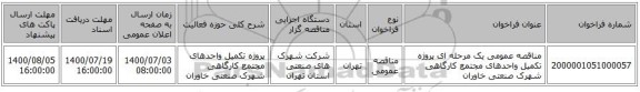 مناقصه عمومی یک مرحله ای پروژه تکمیل واحدهای مجتمع کارگاهی شهرک صنعتی خاوران