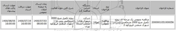مناقصه عمومی یک مرحله ای پروژه تکمیل منبع 2000 مترمکعبی بتنی در شهرک صنعتی فیروزکوه 2