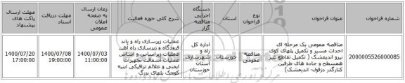 مناقصه عمومی یک مرحله ای احداث مسیر و تکمیل پلهای کوی نیرو اندیمشک ( تکمیل تقاطع غیر همسطح و جاده های طرفین کنارگذر دزفول- اندیمشک)