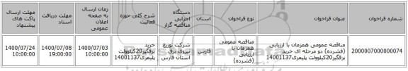 مناقصه عمومی همزمان با ارزیابی (فشرده) دو مرحله ای خرید برقگیر20کیلوولت پلیمری14001137