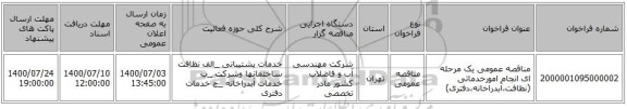 مناقصه عمومی یک مرحله ای انجام امورخدماتی (نظافت،آبدراخانه،دفتری)