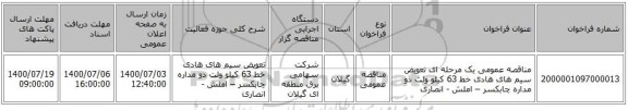 مناقصه عمومی یک مرحله ای تعویض سیم های هادی خط 63 کیلو ولت دو مداره چابکسر – املش - انصاری