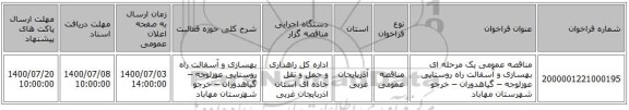 مناقصه عمومی یک مرحله ای بهسازی و آسفالت راه روستایی عوزلوجه – گیاهدوران – خرجو شهرستان مهاباد