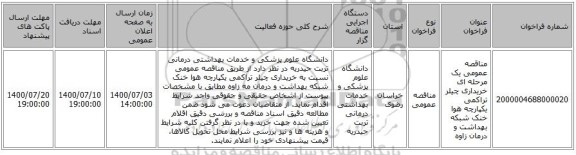 مناقصه عمومی یک مرحله ای  خریداری  چیلر تراکمی یکپارچه هوا خنک شبکه بهداشت و درمان زاوه