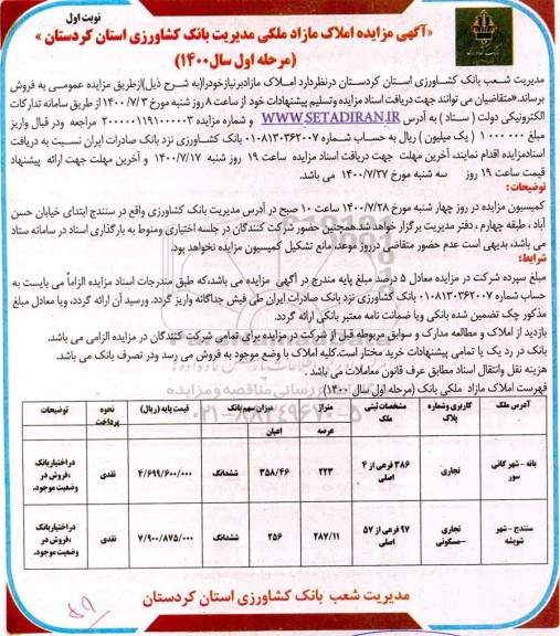 مزایده مزایده فروش املاک مازاد تجاری و مسکونی نوبت اول مرحله اول