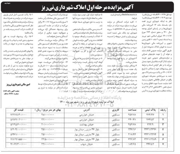 مزایده مزایده فروش املاک کاربری مسکونی مرحله اول