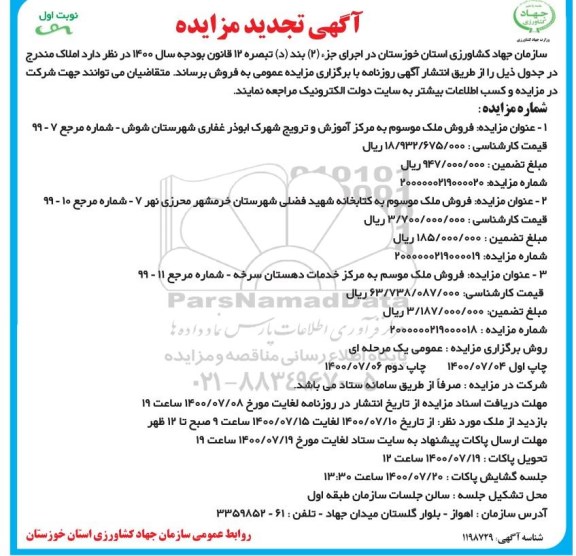 مزایده مزایده تجدید فروش ملک  نوبت اول 