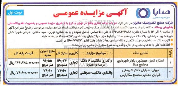 مزایده مزایده فروش دو باب واحد تجاری نوبت اول 