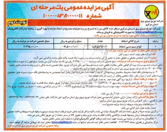 مزایده انواع سیم مسی اسقاط 