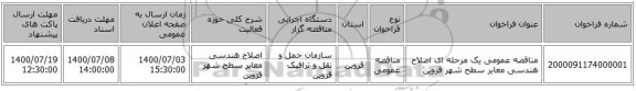 مناقصه عمومی یک مرحله ای اصلاح هندسی معابر سطح شهر قزوین