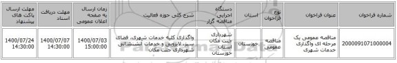 مناقصه عمومی یک مرحله ای واگذاری خدمات شهری