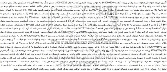 آگهی مزایده شش دانگ یک قطعه آپارتمان مسکونی پلاک ثبتی شانزده هزار و ششصد و نود و یک فرعی از هفتاد و سه اصلی