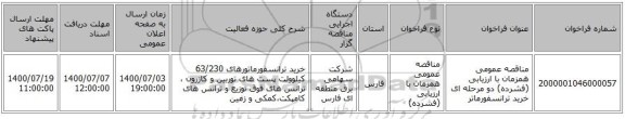 مناقصه عمومی همزمان با ارزیابی (فشرده) دو مرحله ای خرید ترانسفورماتر