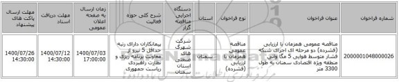 مناقصه عمومی همزمان با ارزیابی (فشرده) دو مرحله ای اجرای شبکه فشار متوسط هوایی 5 مگا واتی منطقه ویژه اقتصادی  سمنان به طول 3300 متر