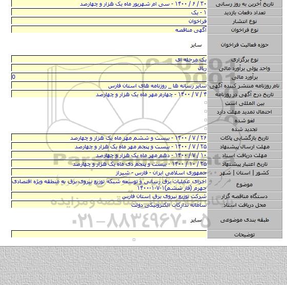اجرای عملیات برق رسانی و توسعه شبکه توزیع نیروی برق به منطقه ویژه اقتصادی جهرم (فاز ششم)۱-۷-۱-۱۴۰۰