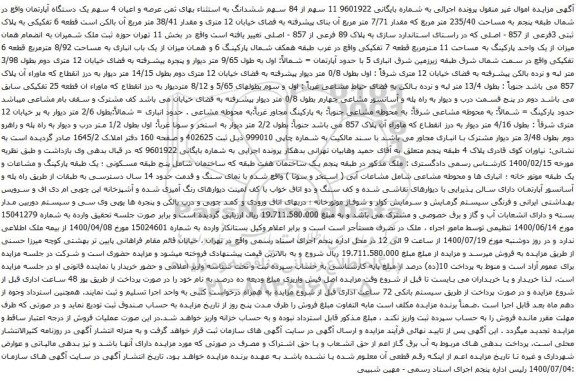 آگهی مزایده سهم ششدانگ به استثناء بهای ثمن عرصه و اعیان 4 سهم یک دستگاه آپارتمان