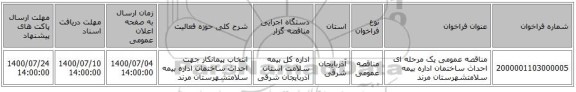 مناقصه عمومی یک مرحله ای احداث ساختمان اداره بیمه سلامتشهرستان مرند