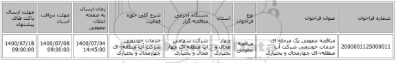 مناقصه عمومی یک مرحله ای خدمات خودرویی شرکت آب منطقه¬ای چهارمحال و بختیاری 