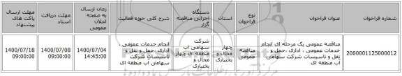 مناقصه عمومی یک مرحله ای انجام خدمات عمومی ، اداری ،حمل و نقل و تاسیسات شرکت سهامی آب منطقه ای 