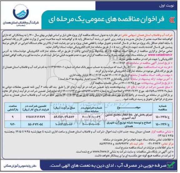 مناقصه اصلاح و توسعه شبکه توزیع آب شهری