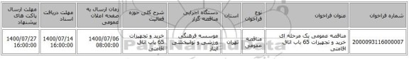 مناقصه عمومی یک مرحله ای خرید و تجهیزات 65 باب اتاق اقامتی