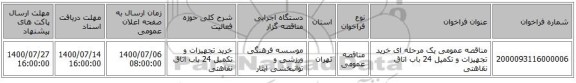 مناقصه عمومی یک مرحله ای خرید تجهیزات و تکمیل 24 باب اتاق نقاهتی