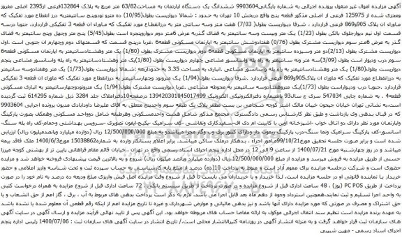 آگهی مزایده ششدانگ یک دستگاه اپارتمان به مساحت63/82 متر مربع به پلاک 132864فرعی از2395 اصلی