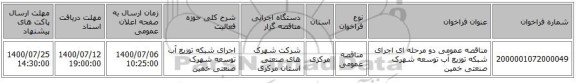 مناقصه عمومی دو مرحله ای اجرای شبکه توزیع آب توسعه شهرک صنعتی خمین